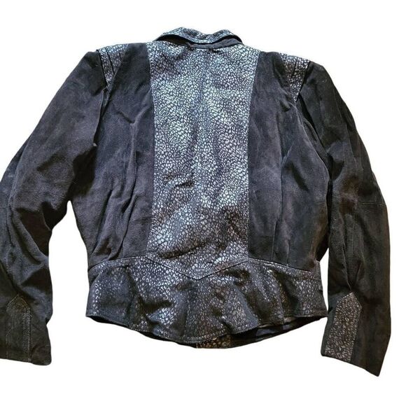 Vintage 1980s Leather Bomber Jacket Women's Medium Black Leopard Suede Moto - Picture 2 of 5
